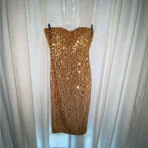 Boohoo Strapless Gold Sequin Dress